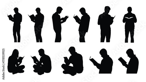People reading book silhouettes isolated on white background, Vector
