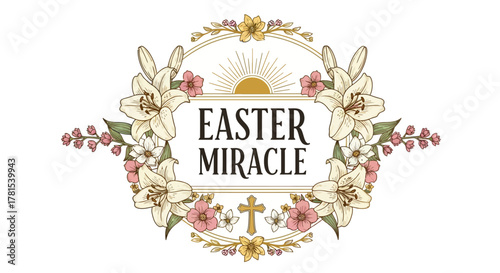 floral easter miracle celebration with cross and sunrise illustration
