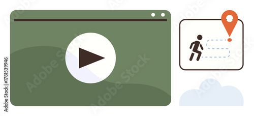 Play button on a video interface next to a map with a path and location pin, positioned above clouds. Ideal for e-learning, tutorials, navigation, guidance, digital training, tracking, simple flat