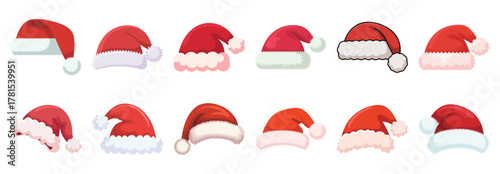 Collection of festive red and white santa hats for holiday celebrations