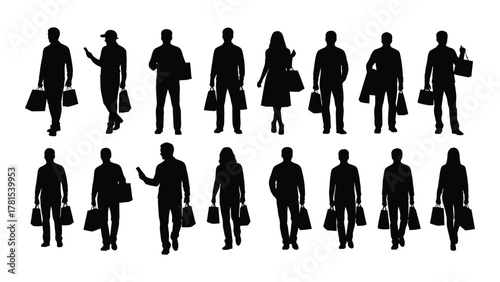 Silhouettes of shoppers with bags isolated on white background, Vector