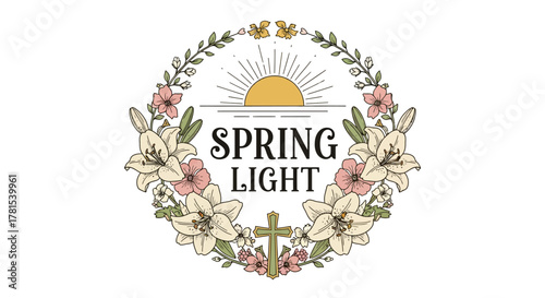 Graceful floral wreath with spring light sunrise and a subtle cross