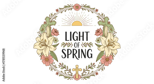 Vibrant Springtime Wreath with Floral Accents and Symbolic Elements