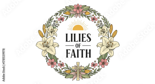 Lilies of Faith logo with a floral wreath and cross design on white background