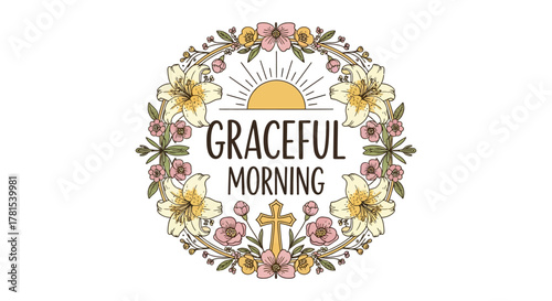 Graceful Morning Floral with Christian Cross and Sunrise Art Design