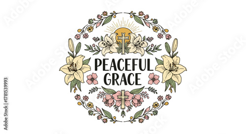 floral wreath with inspiring text and christian cross design element on a