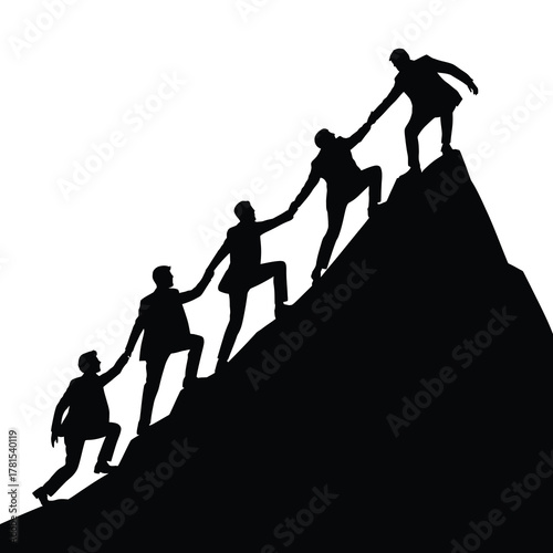 Silhouettes of people climbing a mountain together helping each other