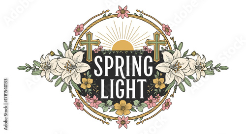Elegant Easter illustration with lilies, crosses, and sunrise symbolism