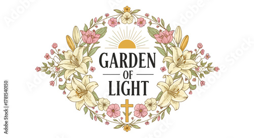 Garden of Light: Floral decorative emblem with a cross and sun for hope
