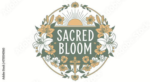 Elegant floral emblem with sacred bloom text and religious symbol design