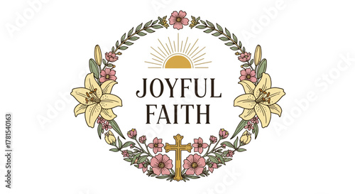 joyful faith floral wreath with cross and sun in warm colors emblem