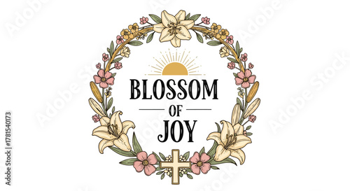 Floral Wreath with Inspirational Text and Sun Burst Design Element