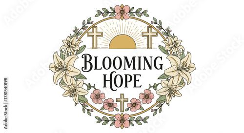 floral religious wreath design with crosses sun and blooming hope text on