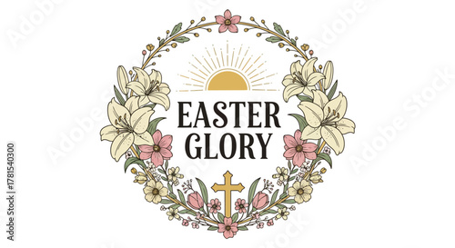 floral wreath with easter glory text and cross for religious celebration