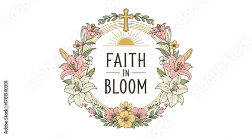 Faith in Bloom floral wreath with cross and sun rays religious imagery