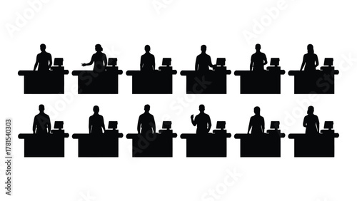 Cashier and customer service staff silhouettes isolated on white background, Vector