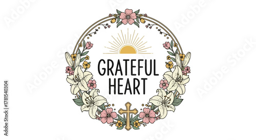 Heartfelt botanical wreath with inspiring message and christian cross design