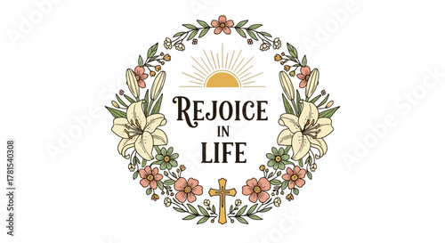 Illustration of floral wreath with inspirational message and religious cross