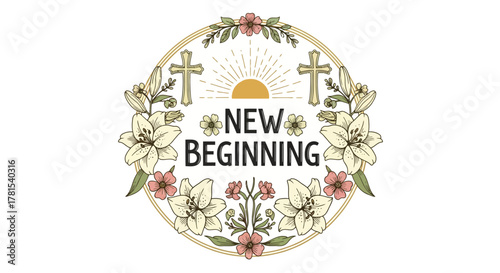 Floral New Beginning Circle with Crosses and Radiant Sun Design Element