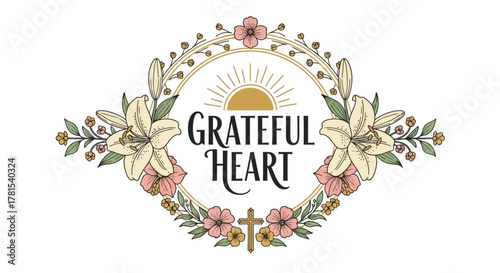 Illustration depicting a grateful heart with flowers and a cross, a divine