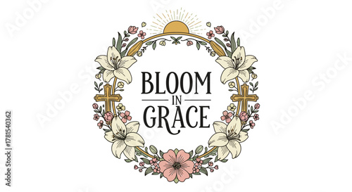 floral wreath with inspiring text and religious symbols for decoration