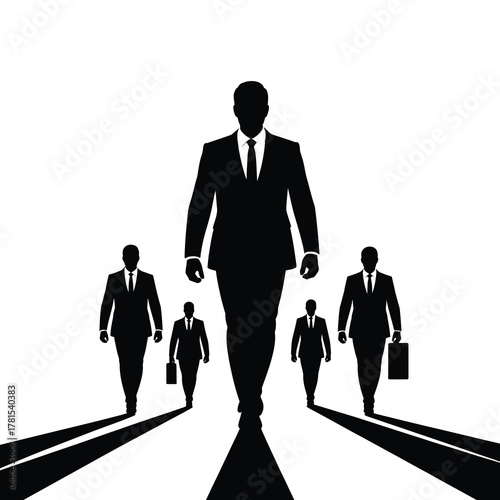 Silhouetted businessmen walking forward on a path towards the viewer