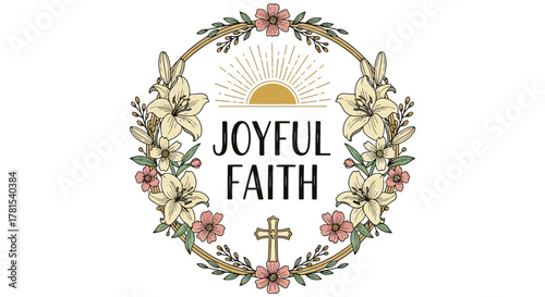 Joyful Faith adorned by blooming floral wreath with cross and sunrise design