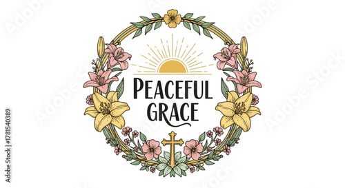 peaceful grace floral wreath with cross and sunburst elements in pastel hues