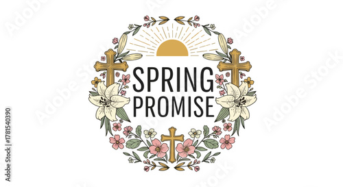 A serene spring promise with crosses and lilies, featuring blooming flowers