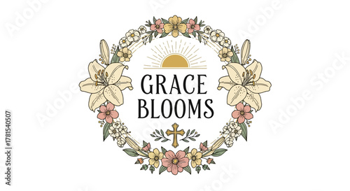 Rustic floral wreath design with textual elements grace blooms centered