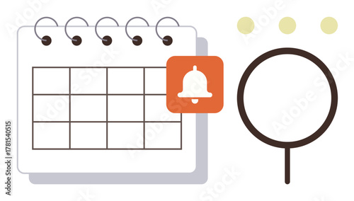 Desk calendar with a notification bell icon and magnifying glass emphasizing schedule, alert, and focus. Ideal for time management, reminders, task planning, scheduling, research, organization