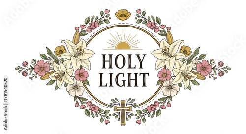 Floral wreath design with holy light and cross symbols for spiritual themes