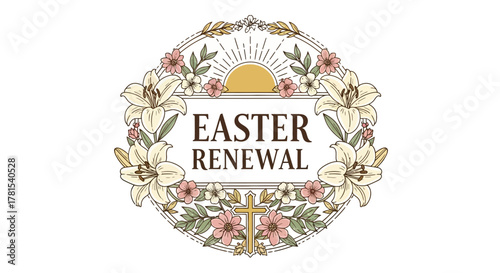 Circular floral wreath with Easter Renewal text and a stylized sun