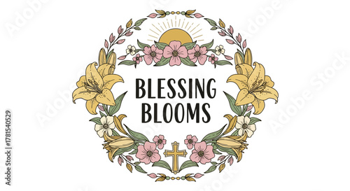 Rustic floral wreath with elegant lettering and subtle religious elements