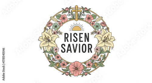 Elegant Easter wreath design with 'Risen Savior' text and floral adornments