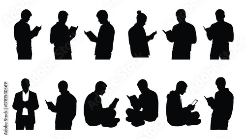 People reading and learning silhouettes isolated on white background, Vector