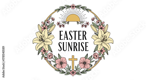 Rustic Floral Wreath with Easter Sunrise and Cross Religious Symbol Design
