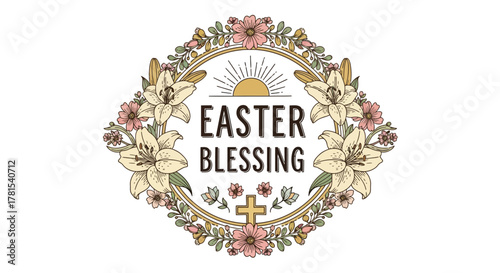 Aesthetic Easter Blessing Wreath Design with Floral and Religious Elements