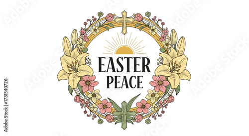 Floral Easter Wreath with Cross and Peace Message Illustration Graphic Design