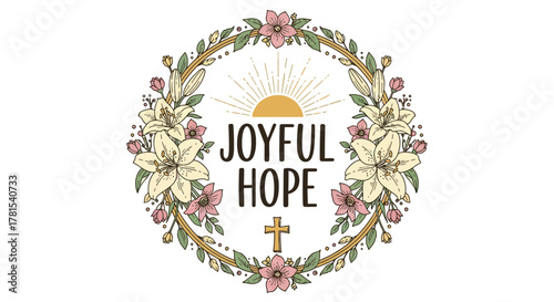Joyful Hope floral wreath with radiant sun and religious cross