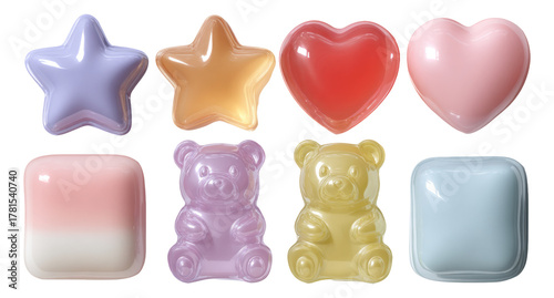 Colorful and Cute Isolated Shapes of Stars, Hearts, and Bears on Transparent Background