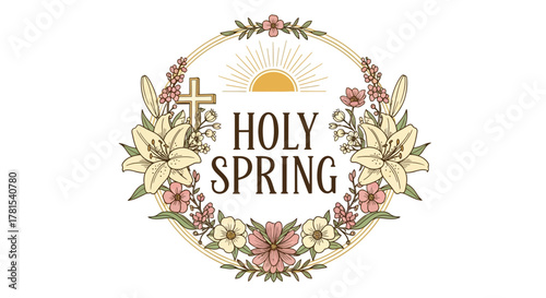 Decorative holy spring floral wreath with cross and sunburst illustration symbol