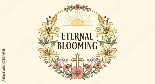 Christian themed floral wreath with sun and cross design element logo icon