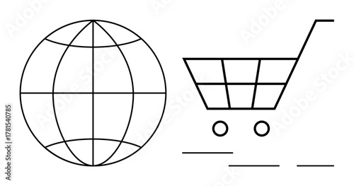 Globe with grid pattern beside a rolling shopping cart icon, representing global commerce, e-commerce, and international retail. Ideal for business, trade, connectivity, innovation, consumerism