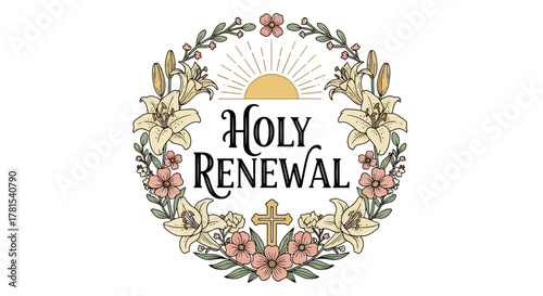 Holy Renewal: Floral Wreath with Sun and Cross Embellishments Design