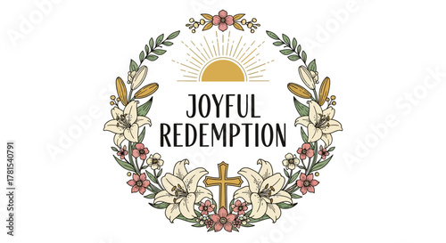 floral wreath design with cross and sunrise motif embodying renewal joy