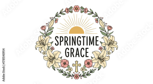 Springtime Grace Floral Wreath with Sun and Cross Vector Design Element