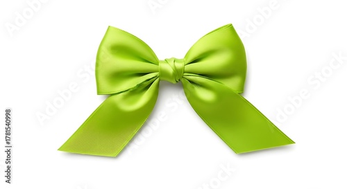 A bright green satin bow with two loops and two hanging tails, isolated on a white background.