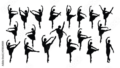 Ballerina silhouettes in various poses isolated on white background, Vector