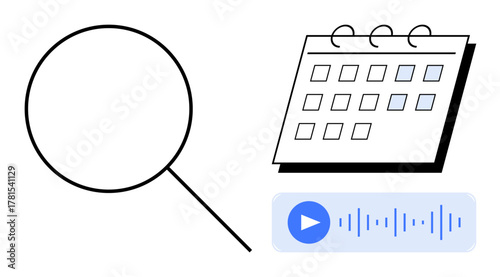 Magnifying glass, calendar, and audio waveform icon visually suggest analysis, time management, and digital communication. Ideal for themes thumbs up research, scheduling, learning, collaboration